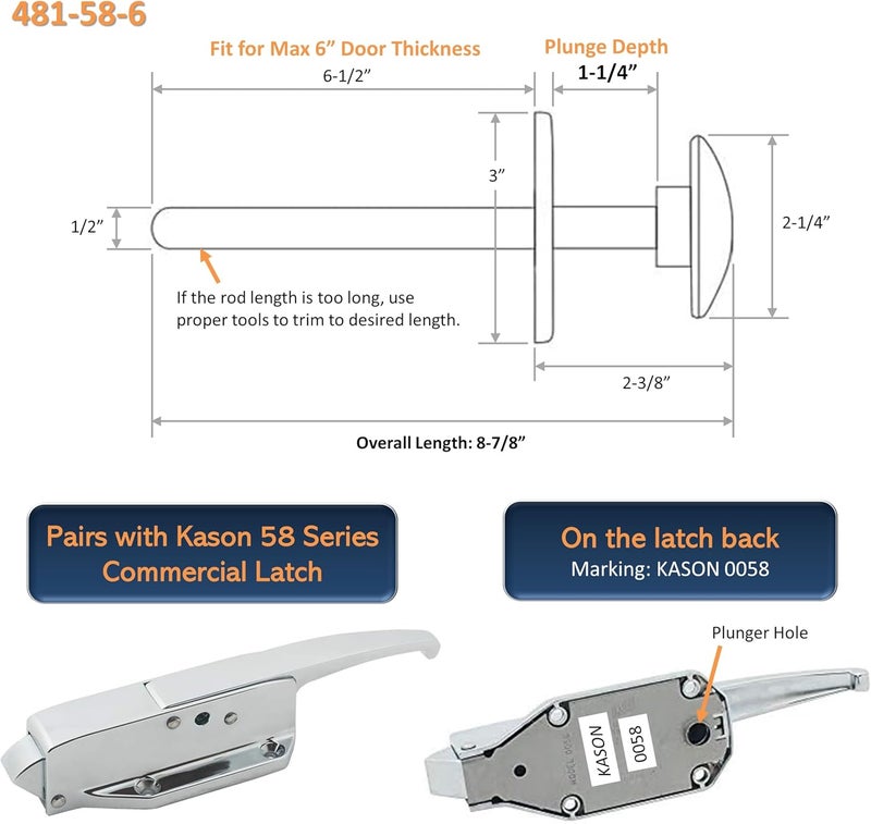 Awoco Kason 481 Inside Release Handle, Glow in Dark, Push Rod for 6" Thick Door of Walk-in Coolers and Freezers, Overall 8-7/8" (Steel 58 Long) - Image 4